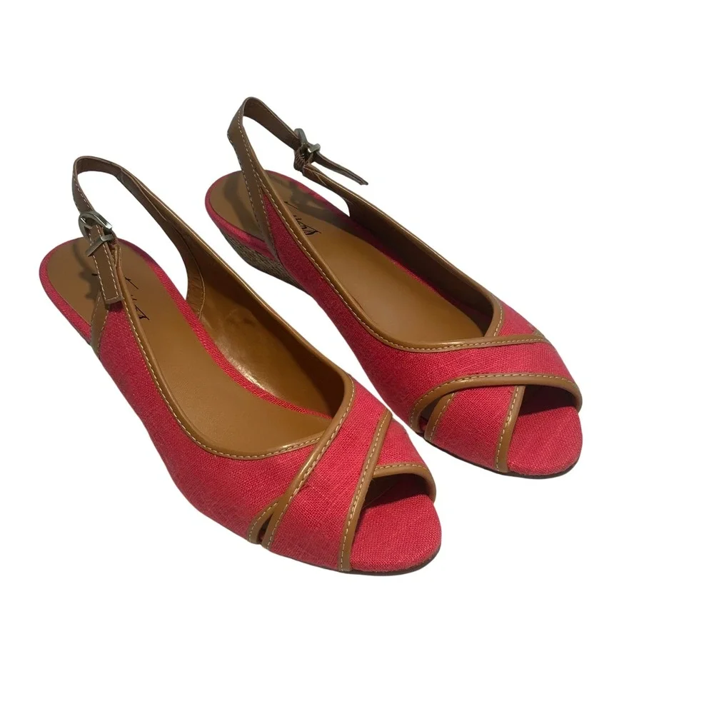 Trotters Calle Fuchsia Pink Tan Slingback Wedge‎ Sandals Peep Toe  8.5 womens